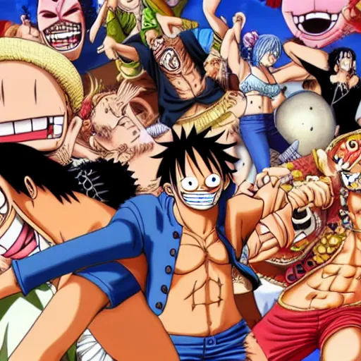 Image similar to realistic photo of all one piece character fighting in a theater , cinema
