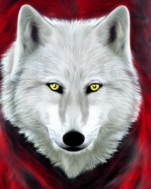 Prompt: white wolf with red markings, highly detailed, portrait, by kirbi fagan