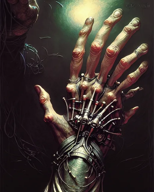 Image similar to human hand anatomy for artists fantasy character portrait, ultra realistic, cinematic, concept art, wide angle, intricate details, hologram, highly detailed by greg rutkowski, aaron horkey, gaston bussiere, craig mullins, simon bisley, arthur rackham