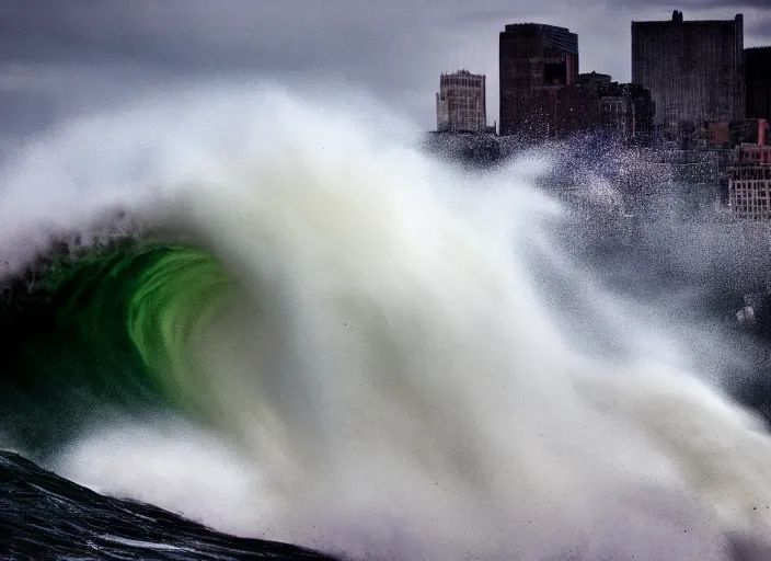 Prompt: Color photograph of a large wave crashing into the Manhattan skyline, doomsday, epic lighting