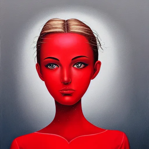 Prompt: a painting of a beautiful woman!!! wearing red, an ultrafine detailed painting by rafal olbinski, behance contest winner, pop surrealism, detailed painting, very detailed, minimalist, airbrush art