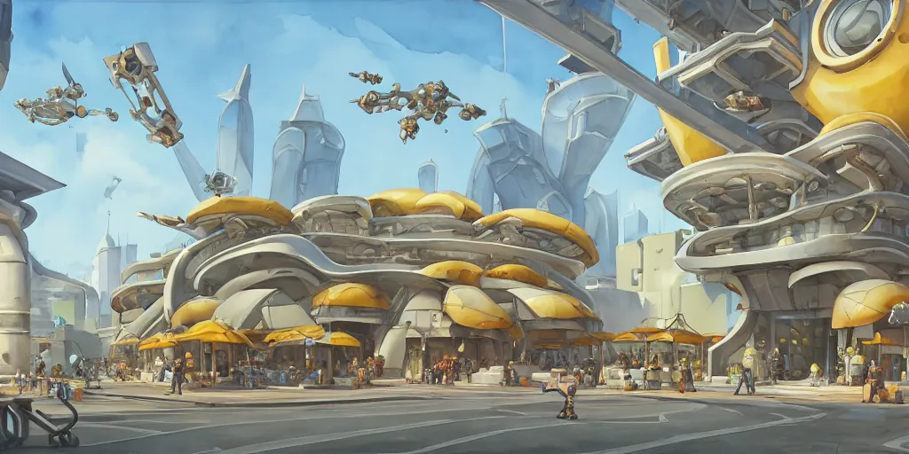 Prompt: overwatch building, stylized, exterior, architecture, in watercolor gouache detailed paintings, insanely detail, artstation, 8 k, futuristic, big medium small, arcane, simon stalenhag, food stall, interesting shapes & form, golden ratio, megastructures, vitaly bulgarov, mall, jungle, environment, nature, zaha hadid