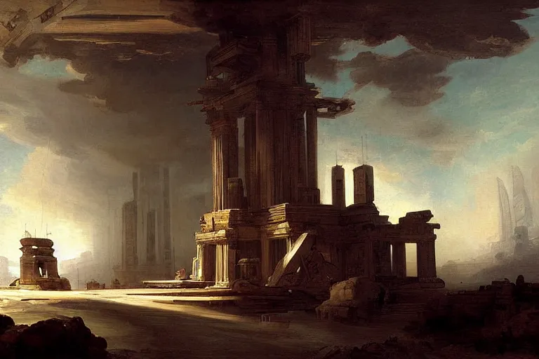 Prompt: painting starship landing temple by hubert robert detailed