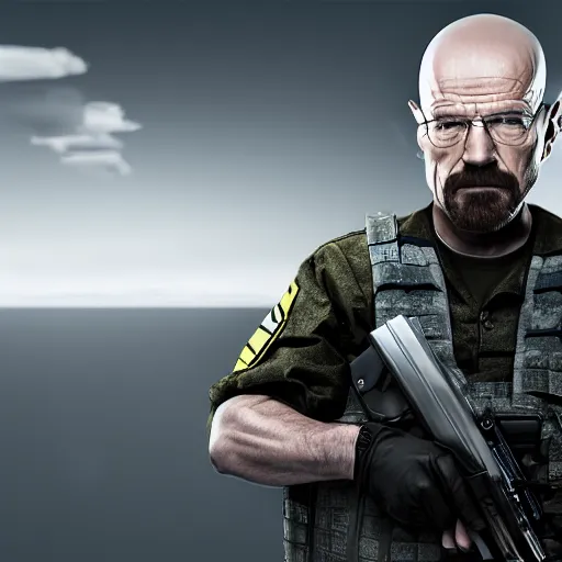 Image similar to Walter White wearing heavy modern military gear and holding a bulletproof shield, highly detailed, 8k octane render