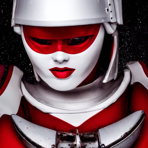 Image similar to headshot of an beautiful female soldier in glossy sleek white armor with tiny red details and a long red cape, downward angle, determined expression, on the surface of mars, night time, dramatic lighting, cinematic, sci-fi, hyperrealistic