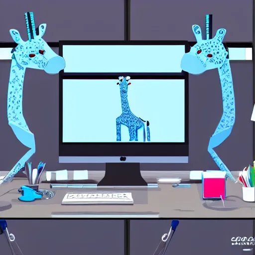 Prompt: concept art of blue giraffe in the office working on a computer, full view, full size, hyper detailed, digital art, artstati on, high definition cgsociety, sk, render, cinematic, symmetry, hyper realistic