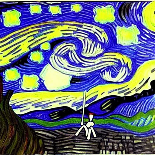 Image similar to painting of a giant angry stay puft marshmallow man in the style of starry night by vincent van gogh intricate detail,