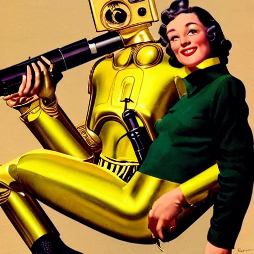 Prompt: a reclining c3po with a smiling female human face by Gil Elvgren, holding a smoking ray-gun, full body