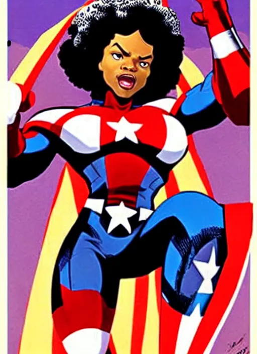 Image similar to beautiful black female captain america. afro - feminist captain america wins wwii. american wwii propaganda poster by james gurney, rob liefeld and pixar. gorgeous face. overwatch, realistic. black power