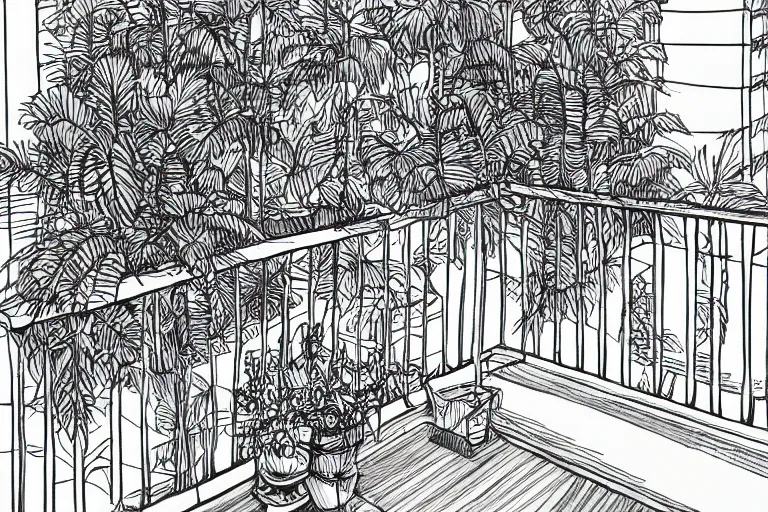 Prompt: a wide drawing of a balcony with plants, drawn in one line, back and white, solid background