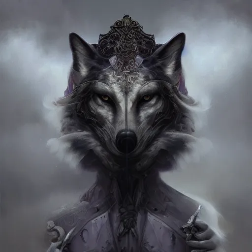 Image similar to tom bagshaw, soft painting fractal curiosities carnival, single beautiful anthropomorphic wolf mutation in full nightshade gothic armor, accurate features, focus, very intricate ultrafine details, black white purple volumetric clouds, award winning masterpiece, octane render 8 k hd