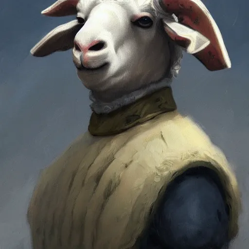 Prompt: old renesaince painting of a sheep face, royal guard suit from 1 7 th century, serious look, highly detailed, sheep face, portrait painting, artstation, concept art, greg rutkowski