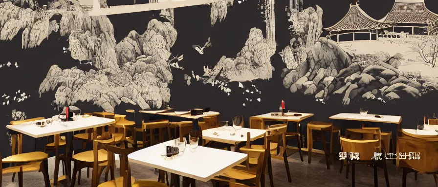 Image similar to a beautiful interior view illustration of a small roasted string hotpot restaurant of baota mountain in yan'an city, animation illustrative style, from china, restaurant wall paper is a high tower on a mountain, rectangle white porcelain table, black chair, simple style structure decoration design, victo ngai, james jean, 4 k hd