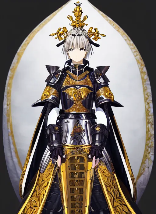 Image similar to key anime visual portrait of a woman knight in ceremonial armor 3 / 4 angle pose, face by murata range, armor designed by gutsav klimt