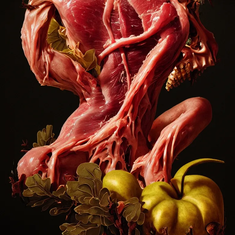 Image similar to still life of beautiful angel, human body parts, tropical fruit, human spine, rotten meat flesh with colorful mold, muscle tissue, spikes, baroque painting, beautiful detailed intricate insanely detailed octane render, 8K artistic photography, photorealistic, chiaroscuro, Raphael, Caravaggio