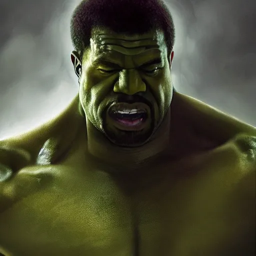 Image similar to Portrait of Kanye West as the Hulk, angry, amazing splashscreen artwork, splash art, head slightly tilted, natural light, elegant, intricate, fantasy, atmospheric lighting, cinematic, matte painting, by Greg rutkowski