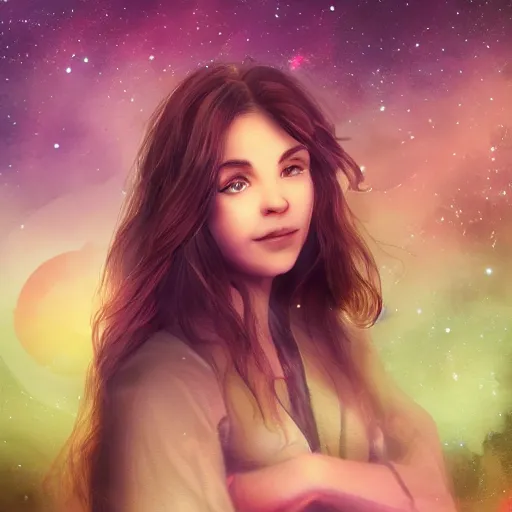 Prompt: an hd photo of a young woman with medium brown hair and green eyes. background of beautiful trees and night sky with colorful stars and galaxies, trending on artstation