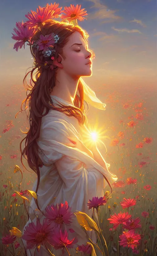 Image similar to sleepy sun face, flowers field, highly detailed, digital painting, concept art, smooth, sharp focus, illustration, art by artgerm and greg rutkowski and alphonse mucha