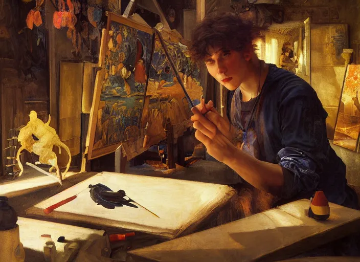 Image similar to a young painter in his studio painting a picture of a colourful pokemon, by edgar maxence and caravaggio and michael whelan and delacroix style, artistic, intricate drawing, cinematic lighting, hyper realistic, extremely detailed, establishing shot, 8 k resolution, dramatic lighting