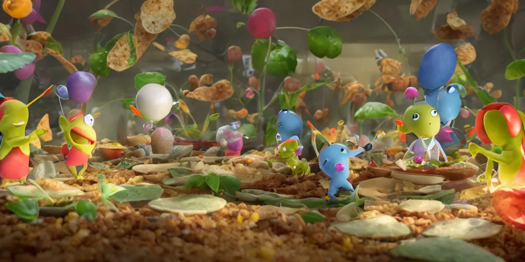 Prompt: pikmin inside of taco bell, realistic 4 k octane beautifully detailed render, 4 k post - processing, highly detailed, intricate complexity, epic composition, magical atmosphere, cinematic lighting, masterpiece, ultra hd