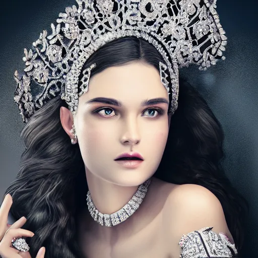 Image similar to portrait of wonderful princess of diamond with fair skin, ornate with diamonds, 8 k, gorgeous, intricate, detailed, glowing white accent lighting, dramatic lighting, octane render