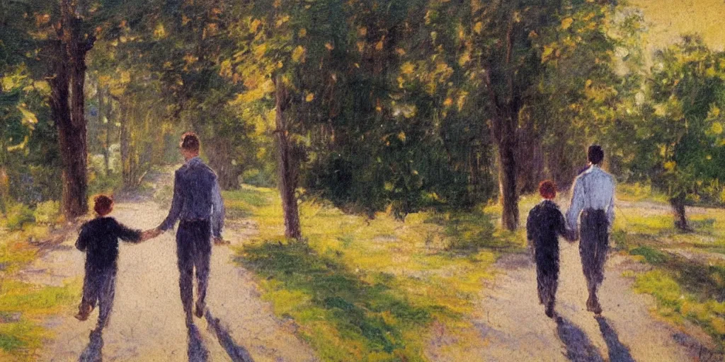 Image similar to a man with dark hair holding the hands of a young boy with dark hair as they walk down a suburban highway on a bright beautiful day. in the style of an impressionist painting.