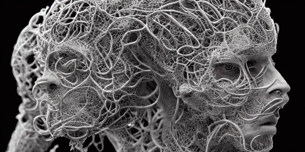 Image similar to hyperrealistic photography of a stunningly beautiful cyborg male, intimate, intricate tendril filigree, fibonacci, in the style of beth cavener, jin kagetsu, and wlop, highly detailed, chrome face symmetry, masterpiece, award winning, sharp focus, concept art, high key, ambient lighting, 8 k, octane render,