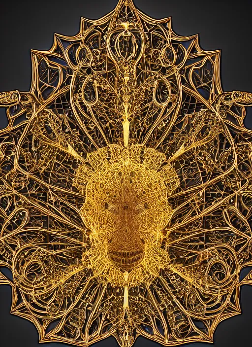 Image similar to a magnificent symmetrical being made of detailed crystals light and golden gothic ornaments by alex gray. 3D, 8k resolution