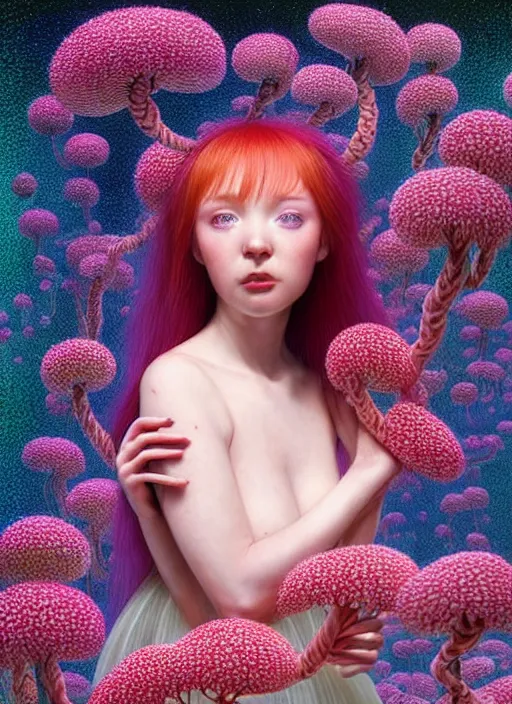 Image similar to hyper detailed 3d render like a Oil painting - kawaii fullbody standing portrait Aurora (auburn haired Singer Weaslwaif) seen Eating of the Strangling network of yellowcake aerochrome and milky Fruit and Her delicate Hands hold of gossamer polyp blossoms bring iridescent fungal flowers whose spores black the foolish stars by Jacek Yerka, Mariusz Lewandowski, Houdini algorithmic generative render, Abstract brush strokes, Masterpiece, Edward Hopper and James Gilleard, Zdzislaw Beksinski, Mark Ryden, Wolfgang Lettl, hints of Yayoi Kasuma, octane render, 8k