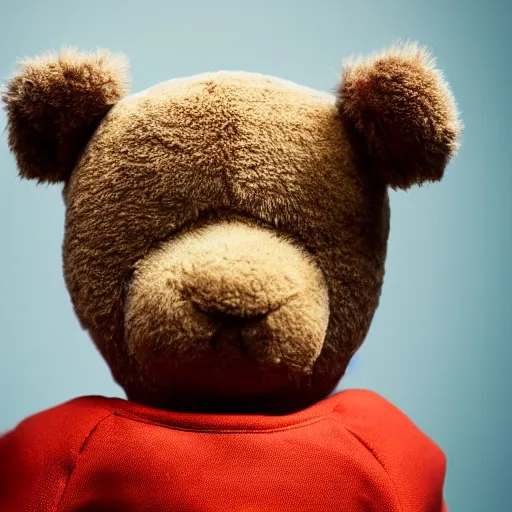 Image similar to cinematic photograph of baby Kanye West with a anthropomorphic teddy bear, close up, portrait, album cover, shallow depth of field, 40mm lens, gritty, textures