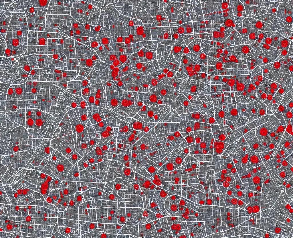 Prompt: multitude of miniscule red circular icons cover a Vector AntiqueWhite on DarkGrey Streets Satellite Map, vector graphics, 8k, mapbox