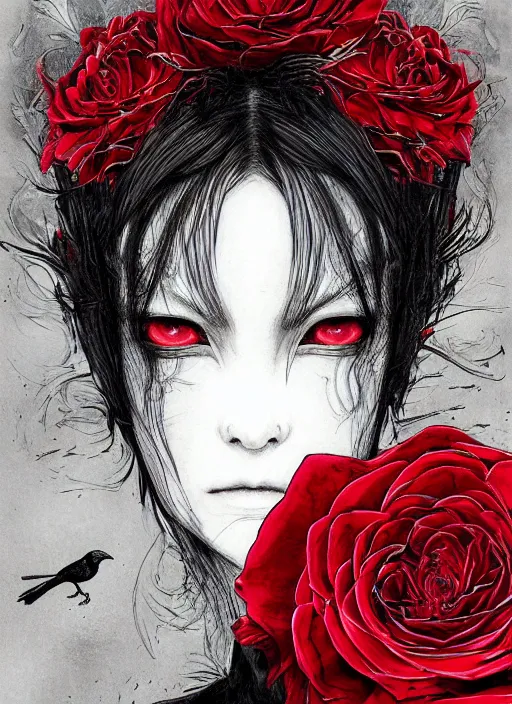 Prompt: portrait, A crow with red eyes in front of the full big moon, book cover, red roses, red white black colors, establishing shot, extremly high detail, foto realistic, cinematic lighting, pen and ink, intricate line drawings, by Yoshitaka Amano, Ruan Jia, Kentaro Miura, Artgerm, post processed, concept art, artstation, matte painting, raphael lacoste, alex ross