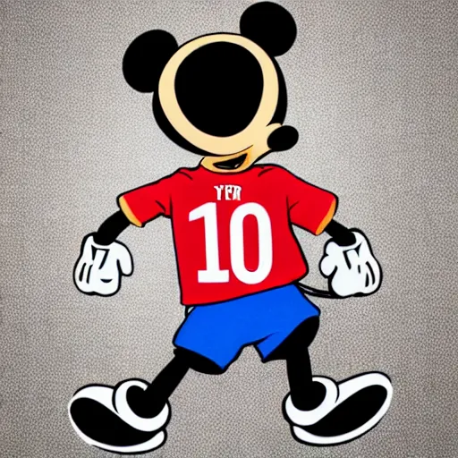 Image similar to a mickey wearing england soccer team shirt.