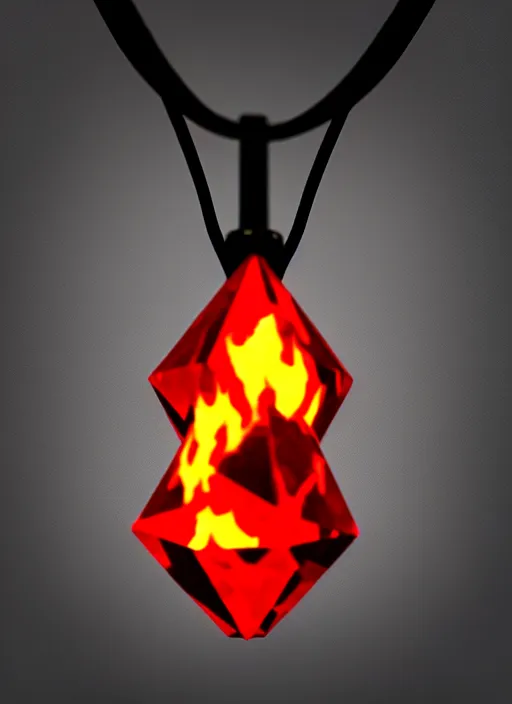 Image similar to rpg item, a black necklace with a bright red diamond in flames, Unreal 5, DAZ, hyperrealistic, rpg style, octane render, dynamic lighting