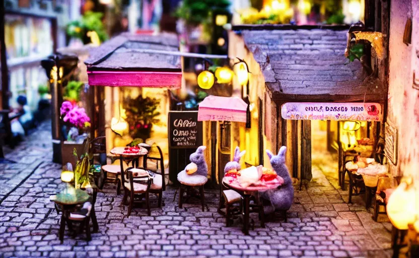 Image similar to miniature cafe diorama macro photography, cafe with felted bunnies, alleyway, ambient, atmospheric, british, cozy, bokeh, romantic, colorful lanterns