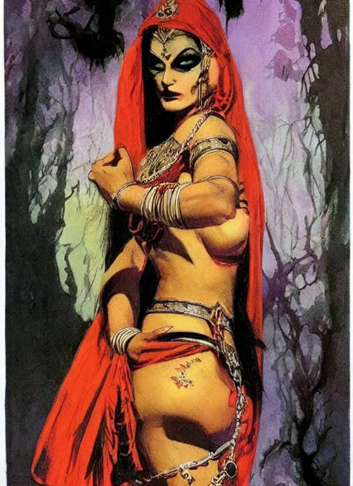 Image similar to female indian vampiress, jeweled veil, strong line, saturated color, beautiful! coherent! by frank frazetta, high contrast