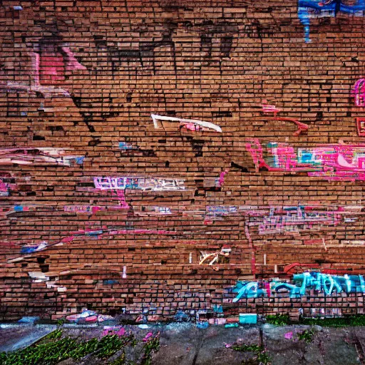 Prompt: graffiti wall art in a brick wall, urban photography