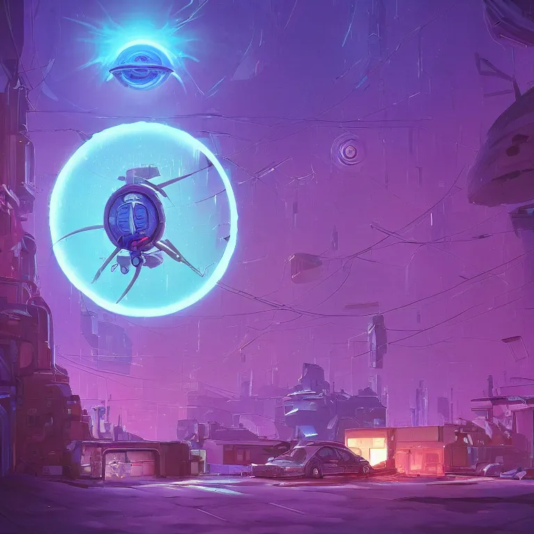 Image similar to a circle!! portal structure floating in space!!, cyberpunk, epic surrealism, indigo, purple, cyan, detailed digital matte painting in the style of simon stalenhag and painting by ralph mcquarrie