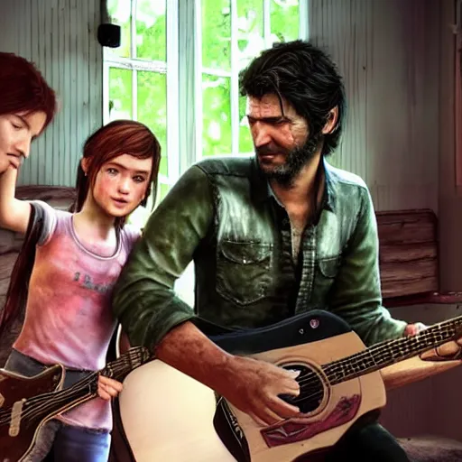 Prompt: Ellie and Joel from the last of us playing the guitar, both of them are happy