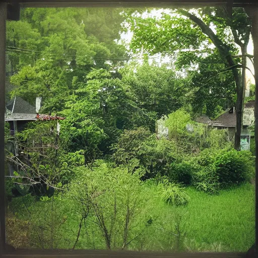 Image similar to poor neighborhood, overgrown, photo taken from a porch