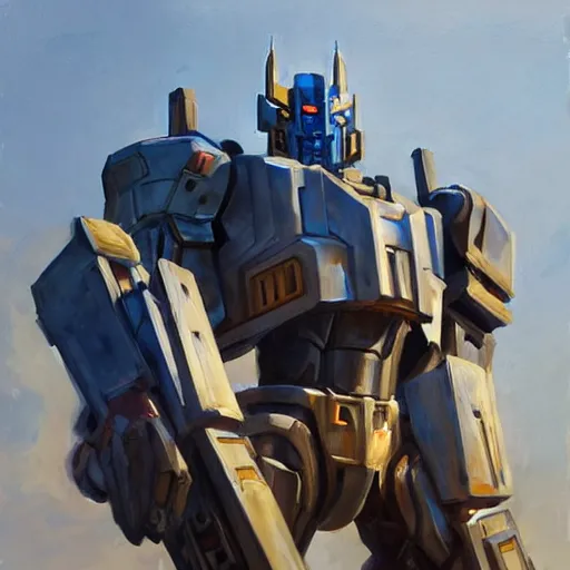 Image similar to greg manchess portrait painting of armored optimus prime as overwatch character, medium shot, asymmetrical, profile picture, organic painting, sunny day, matte painting, bold shapes, hard edges, street art, trending on artstation, by huang guangjian and gil elvgren and sachin teng