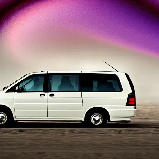 Prompt: white minivan driving away from a purple tornado