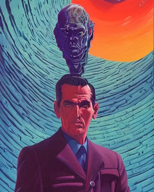 Image similar to a painting of a man standing in front of a giant face, poster art vincent di fate and jack gaughan and dan mumford, cgsociety, space art, lovecraftian, cosmic horror, poster art