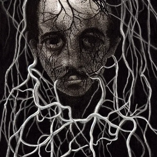 Prompt: award - winning painting of a edgar alan poe, infested with pitch black, tar - like, shadow roots with lots of tendrils on the skin, black veins, intricate detail, deep black roots, infestation, shadowy, lovecraftian, beksinksi, black and white, chiaroscuro, full body shot