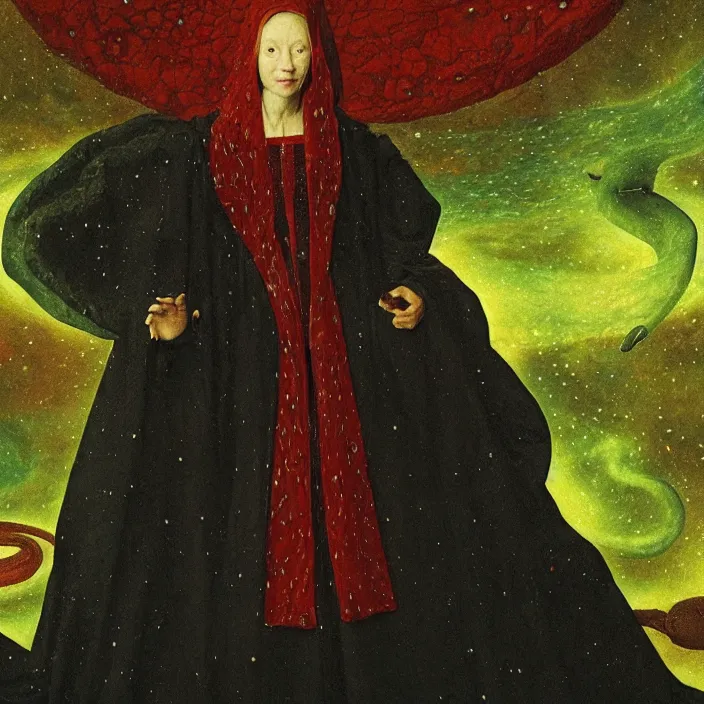 Image similar to a closeup portrait of a cloaked woman floating next to a snake nebula, snake nebula, by jan van eyck