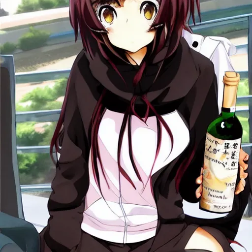 Image similar to anime manga menhera chan boymoder black hoodie brown eyes and hair, drinking wine