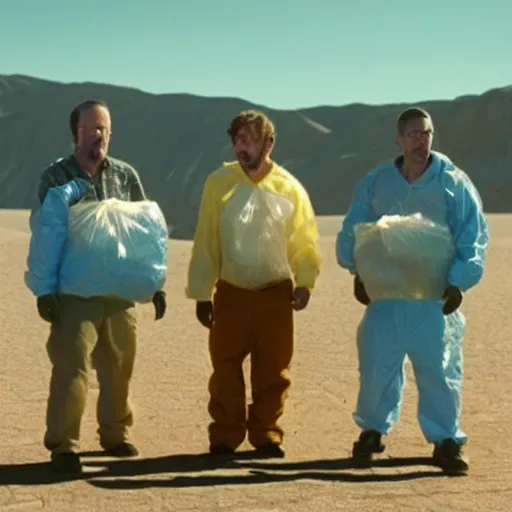 Image similar to Ted bear and walter white holding ziploc bags of crystal blue meth, in the desert, film still, 4k, photorealistic, hd