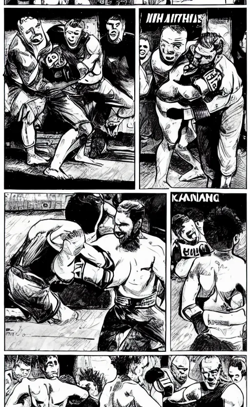 Image similar to a comic page of a mma fight