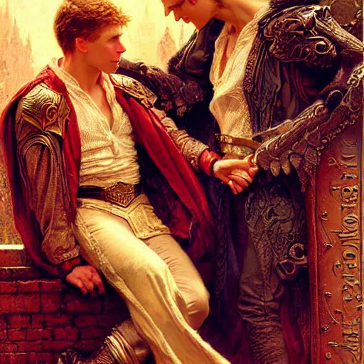 Image similar to attractive arthur pendragon with attractive male merlin the mage. they are in love. highly detailed painting by gaston bussiere, craig mullins, j. c. leyendecker