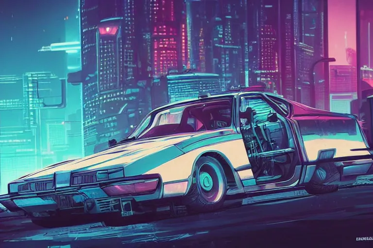 Image similar to cyberpunk synthwave an old soviet car in the soviet yard, intricate, elegant, concept art, smooth, sharp, focus, futuristic, cgsociety, in the style of artstation